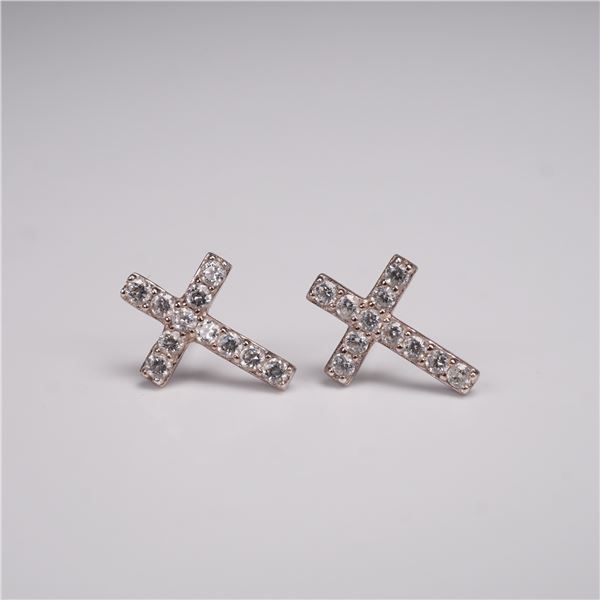 Pair of Sterling Silver Cross Stud Earrings with Clear Stones