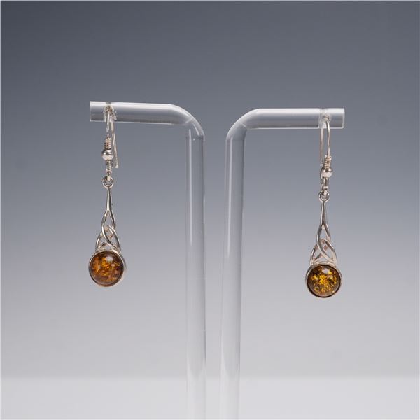 Pair of Sterling Silver Drop Earrings with Amber Cabochons