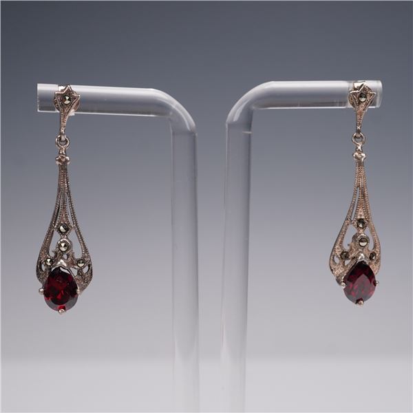 Pair of Sterling Silver Drop Earrings with Garnet and Marcasite