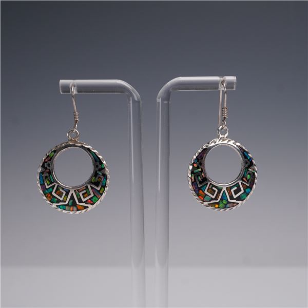 Pair of Sterling Silver Mosaic Inlay Drop Earrings