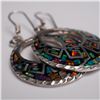 Image 5 : Pair of Sterling Silver Mosaic Inlay Drop Earrings