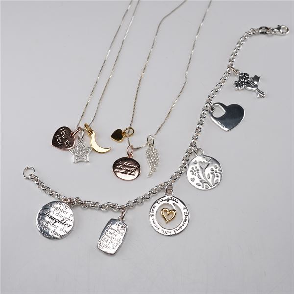 3pc Sterling Silver Sentimental Necklaces and Daughter Charm Bracelet