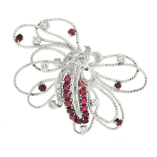 Vintage Handmade Platinum 4.75 ctw Ruby & Diamond Large Butterfly Bug Brooch Pin