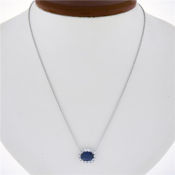 NEW 18k Gold 1.88 ctw GIA Cushion Blue Sapphire Diamond Halo Pendant Necklace