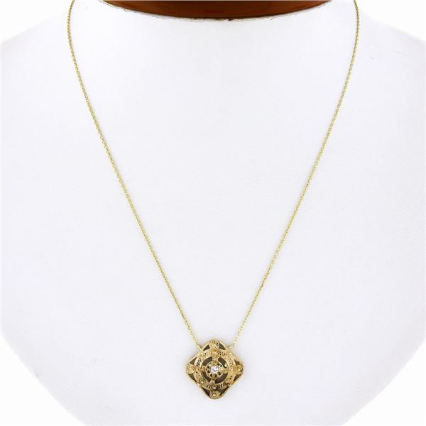 Antique Victorian 14K Gold Cubic Zirconia Filigree & Bead Work Pendant Necklace