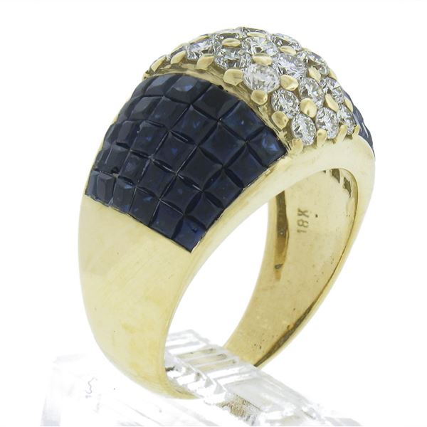 18K Gold 5.23 ctw Mystery Invisible Set Sapphire & Diamond Wide Domed Band Ring