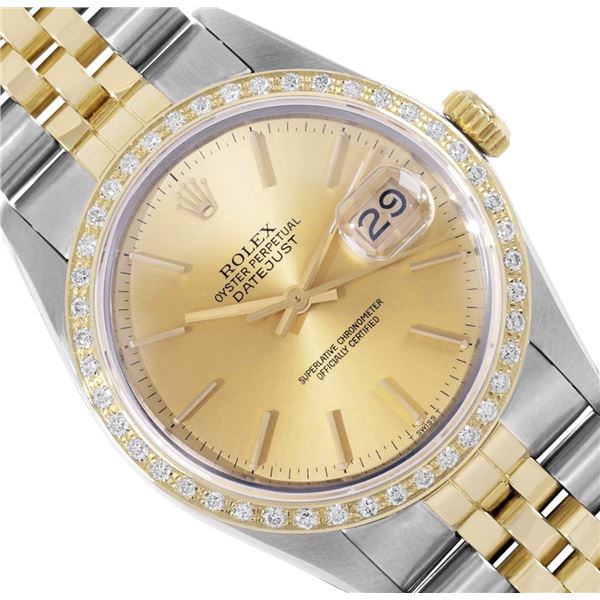 Rolex Mens Two Tone Champagne Index Dial 18K Yellow Gold Diamond Bezel Datejust