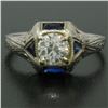 Image 2 : Antique Art Deco 18k White Gold 0.65 ctw European Diamond and Sapphire Ring