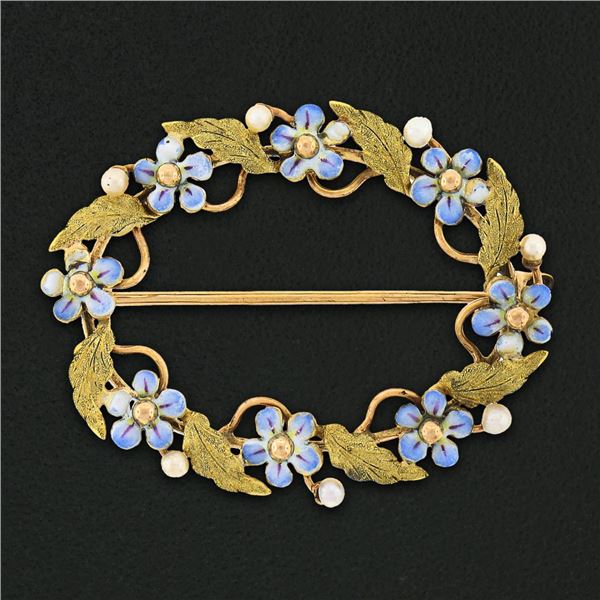 Antique 14K Gold Enamel Flower Seed Pearl & Textured Leaf Oval Wreath Brooch Pin