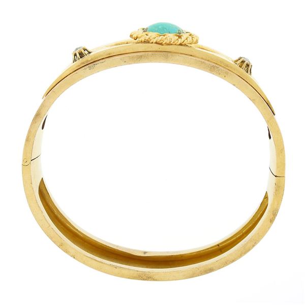 Antique Etruscan Revival 14K Gold Turquoise & Rose Cut Diamond Bangle Bracelet