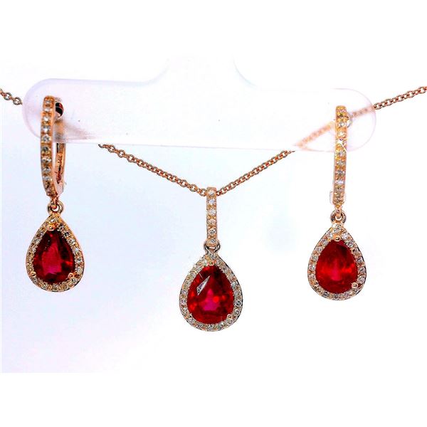 Estate 14K Rose Gold Dangle Pendant and Huggie Dangle Earring Set by Effy with Pear Natural Rubies a