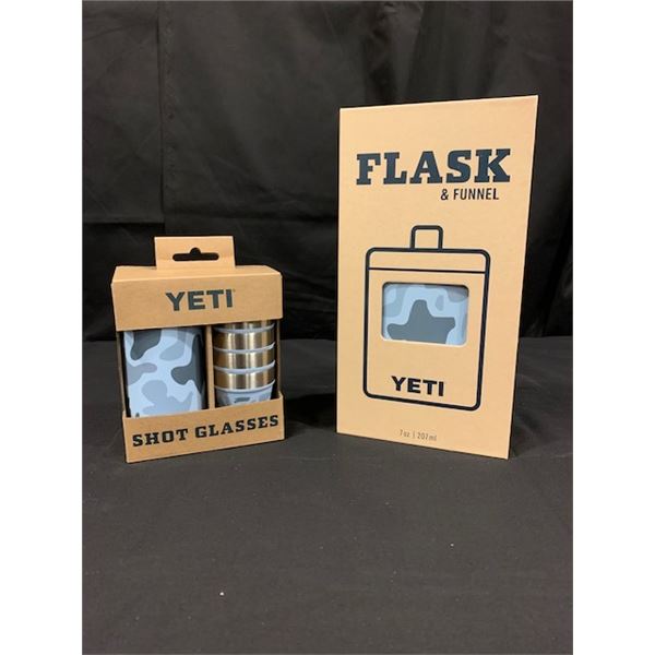Yeti Flask, shot glasses and case