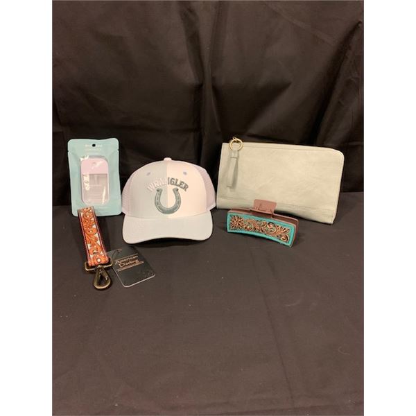 Wrangle Hat, Clutch, Keychain, Hair Clip, and Touchland Hand sanitizer