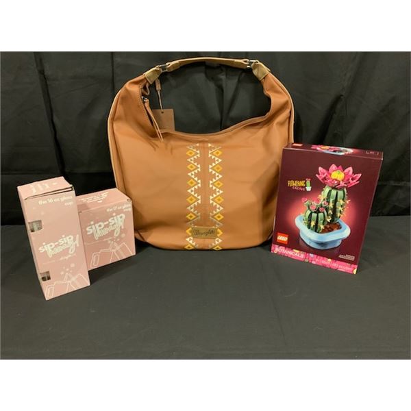 Wranger Purse, Blooming Cactus Lego and Glass Cups