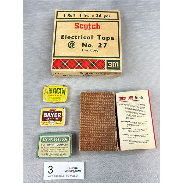 3 Small Vintage Tins, Vintage Electrical Scotch Tape in Original Box and Esso Small First Aid Kit