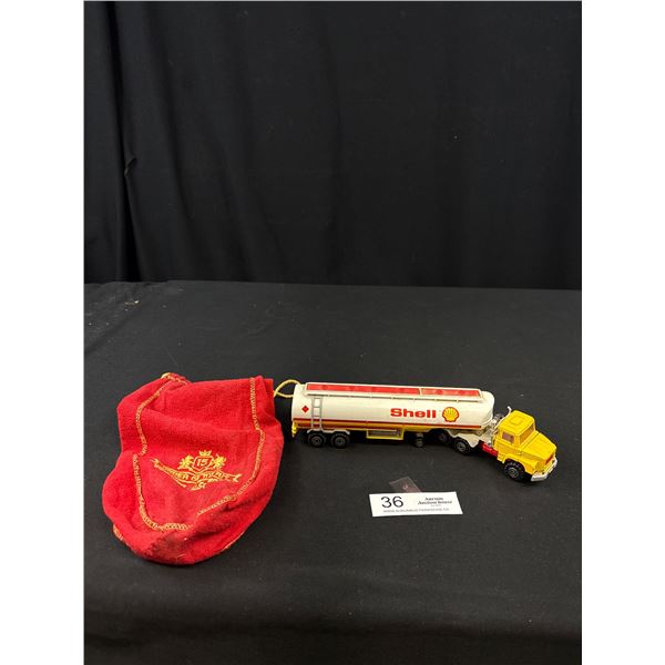 Shell Tanker Truck and Trailor by Majorete 1/60th Scale in Old Cloth Liquor Bag