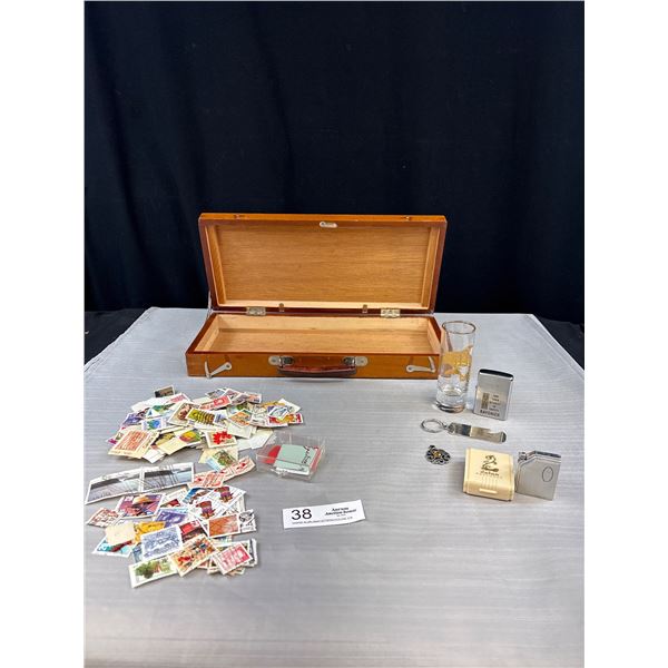 Vintage Collectible Lot in Small Wooden Box, Stamps, Lighters, etc