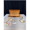 Image 1 : Vintage Collectible Lot in Small Wooden Box, Stamps, Lighters, etc
