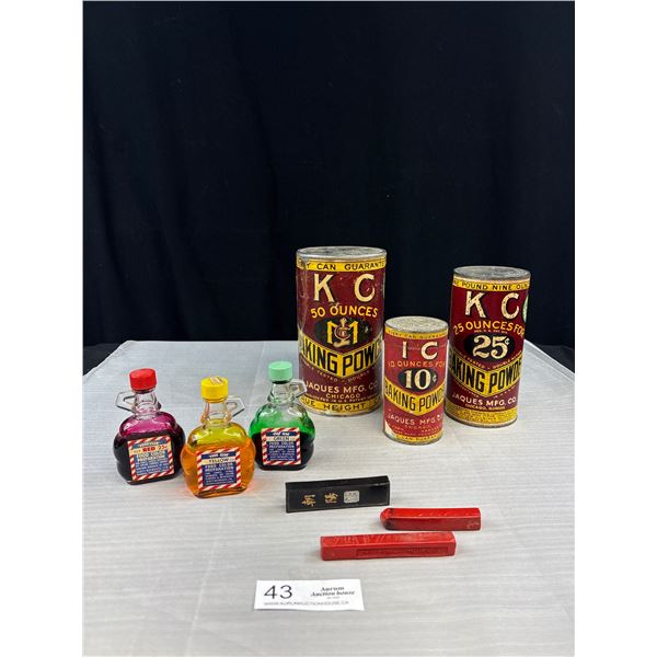Lot of 3 King Powder Baking Powder Tins Full + Food Club Dyes and Chinese Wax Seals
