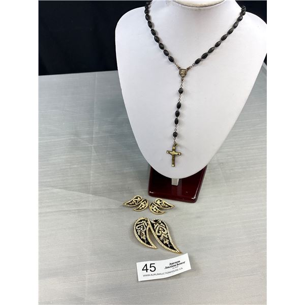 Vintage Jewelry Lot Brooch Earrings and Rosary