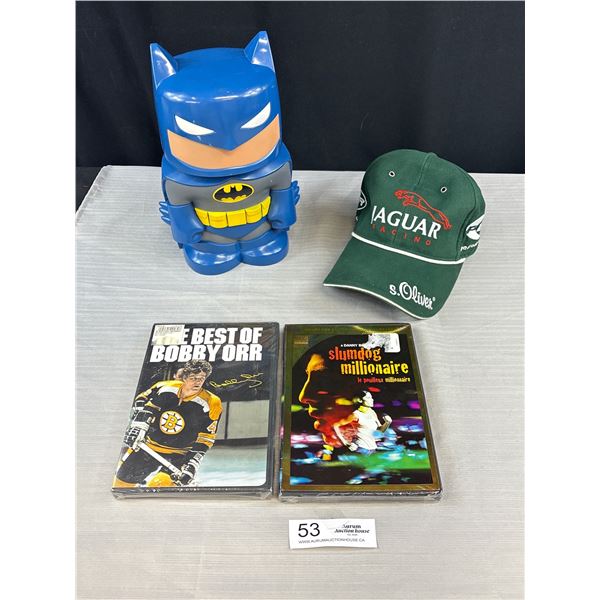 2 Sealed DVD's Slumdog Millionare, Bobby Ore, Funko Batman and Jaguar Racing Ball Cap
