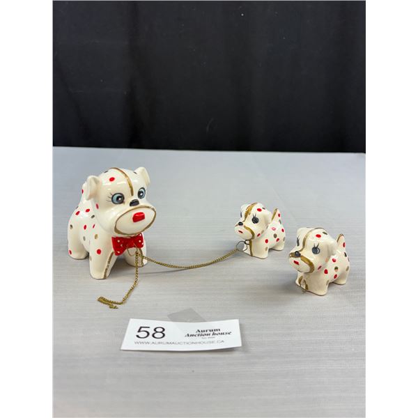 Vintage C.1950s Retro Spotted Dog + Puppies Ceramic Ornaments, Adorable!