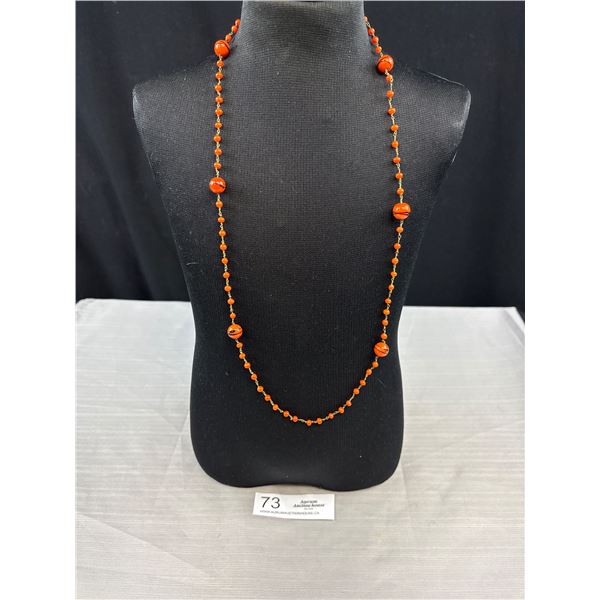 Antique C.1920 Czech Glass Orange Black Glass Bead Necklace Marked Sterling Rare Colour