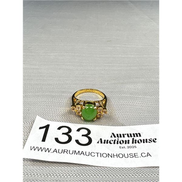 Vintage Simulated Diamond Gold Ring Jade Cabochon Stone
