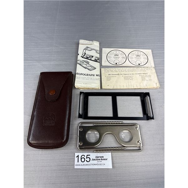 Antique Carl Zeiss Aerotopograph Stereoscopic Viewer With Picture Holder, Leather Case & Original In