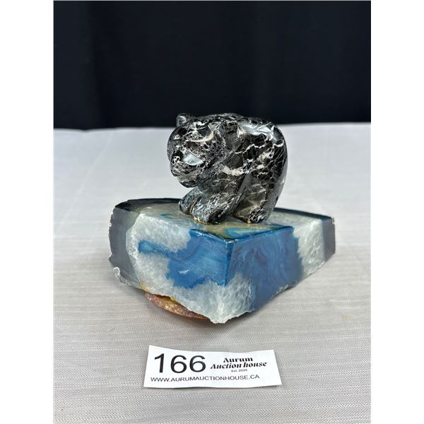 Vintage Hand Carved Onyx Bear on Thick Agate ( Iceberg) Sculpture - Bookend - 5" High - 6" Across - 