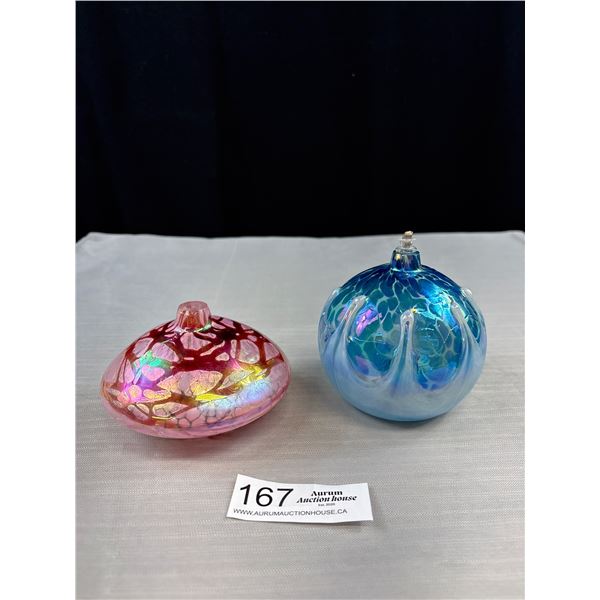 2 Hand Blown Art Glass Oil Lamps -  Mt. St. Helen Iridescent Volcanic Ash & The Glass Eye Seattle Ir