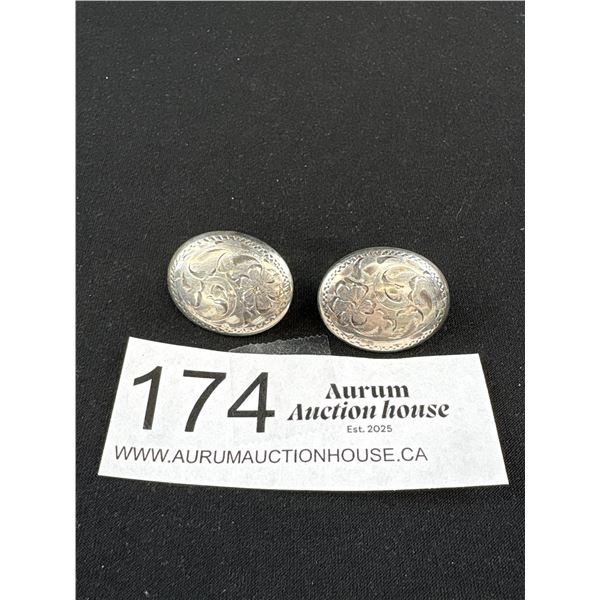 Vintage Sterling Silver 925 Etched Oval Pierced Post Earrings - Signed Sterling With Burkhardt Jewel