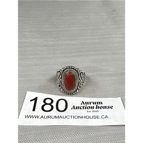 Solid Vintage 925 Sterling Silver Ring Red Stone Size 7 - 21mm Across Face Of Ring