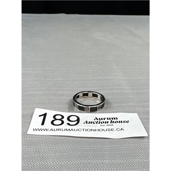 925 Sterling Silver Onyx & Marcasite Ring Band - Unisex - 4.5 mm Wide - Size 8.25