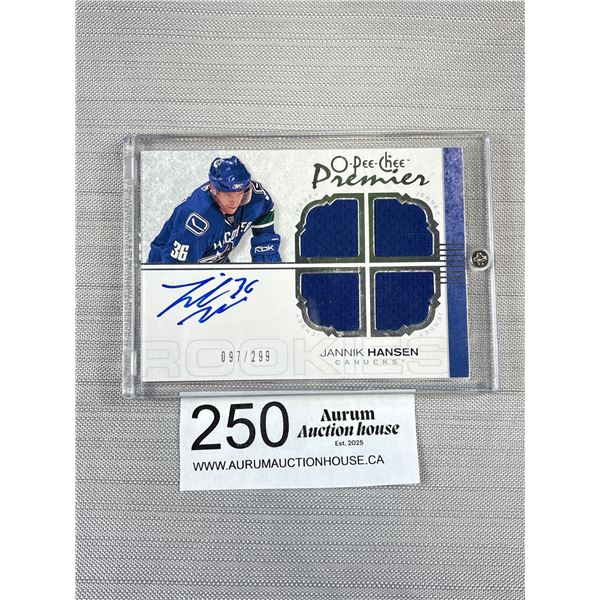 2007-08 OPC Premier Ltd Ed Quad Patch Auto Jersey Rookie Card Jannik Hansen Vancouver Canucks 097/29