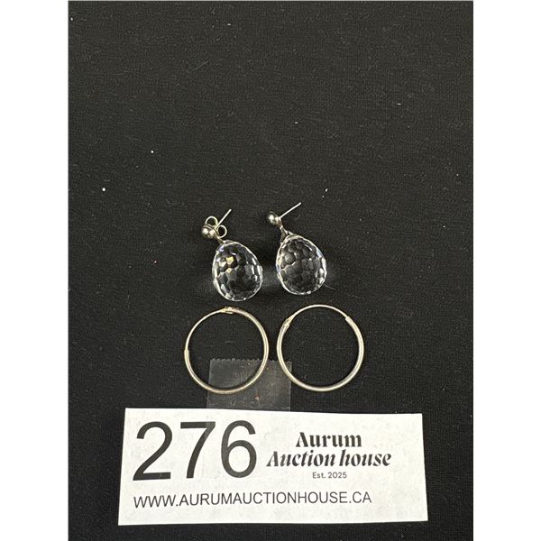 2 Pairs of Earrings Crystal Balls + Sterling Hoops