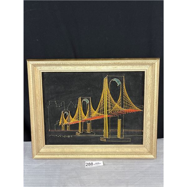Vintage Mid Century String Art On Black Velvet Background of Bridge