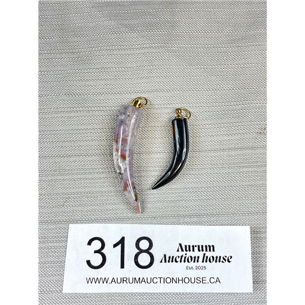 2 Horn Shape Black Coral + Agate Stone Pendants