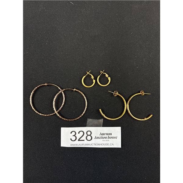 3 Pairs of Gold Hoop Earrings One Pair Marked 925