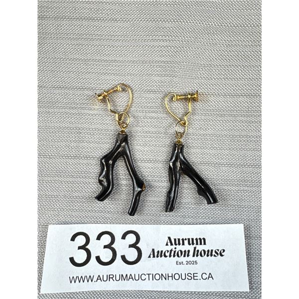 Pair of Vintage Gold Black Coral Dangle Earrings
