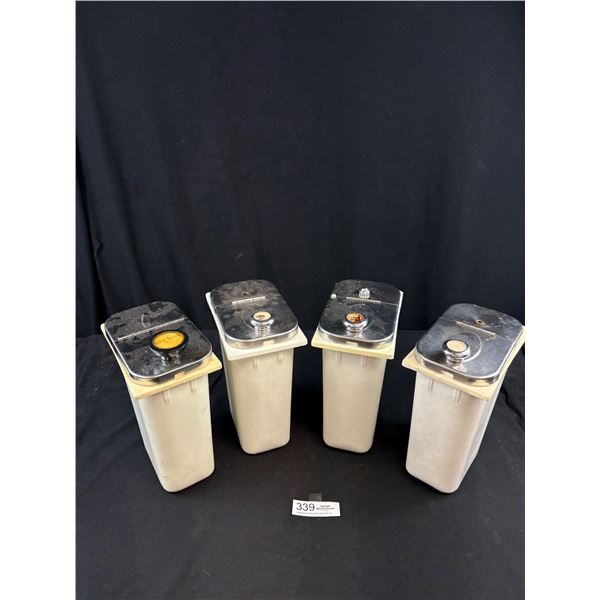 Lot of 4 Vintage Soda Fountain Shop Containers with Metal Description Caps