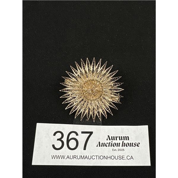 800 Silver Filigree 2" Diameter Flower Brooch