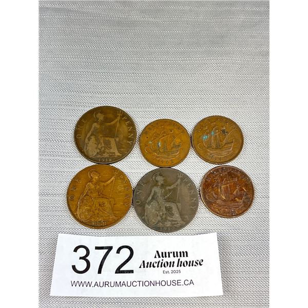 6 Antique Copper Coins British Pennies + .5 Pennies