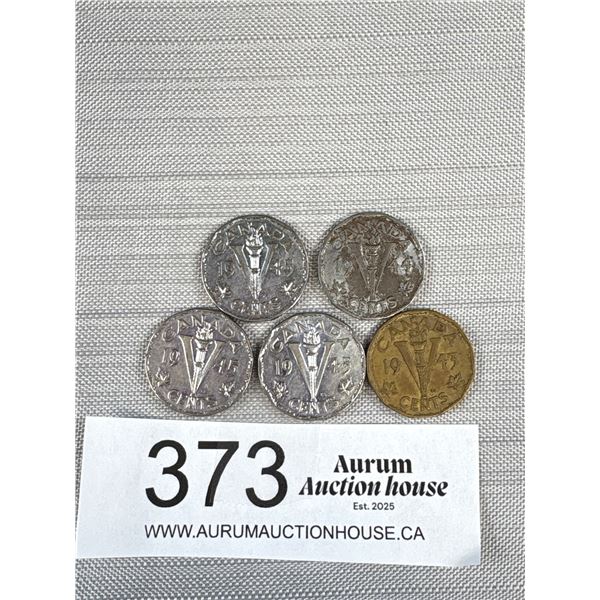 5 WWII Victory Nickels, 1943, 1944 + 1945