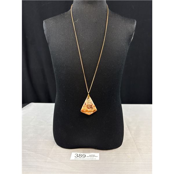 Vintage Large Lace Agate Stone Pendant w/ Chain Necklace