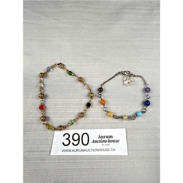 2 Vintage Beads Bracelets, Gem Stone + Crystal Beads