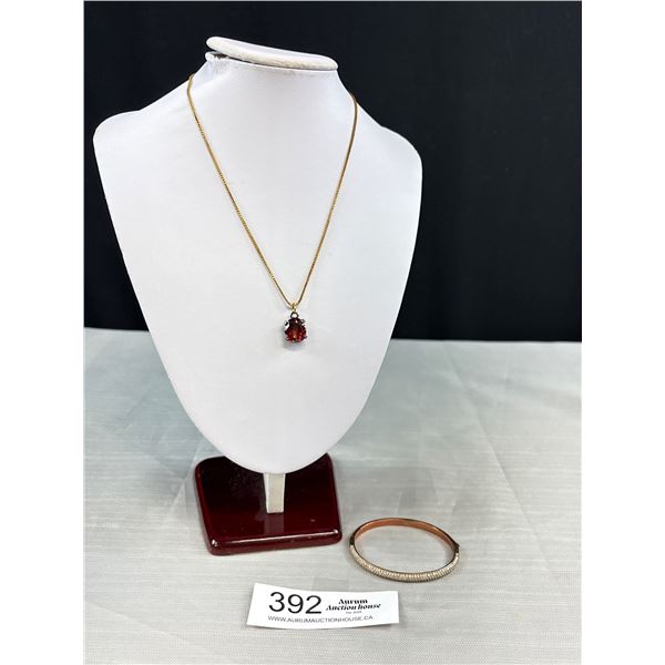 Vintage Hinged Bangle + Large Garnet Stone Pendant w/ Chain Necklace