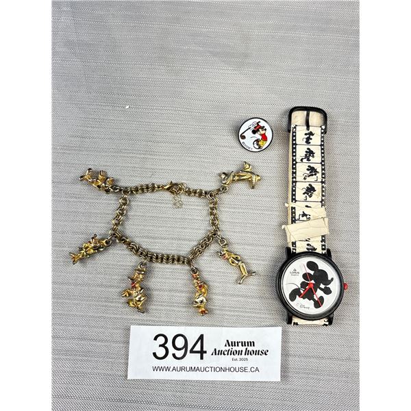 Vintage Mickey Mouse Charm Bracelet, Watch Button