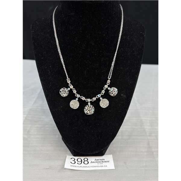 Double Strand Silver Plated Chains w/ Aurora Borealis Crystal Rhinestones Necklace, Marked Oubiyabi