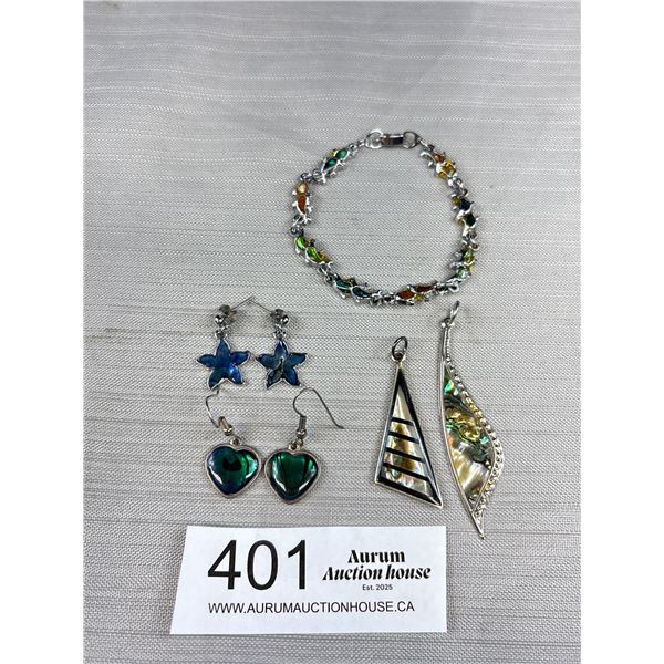 Vintage Abelone Inlaid Bracelet 2 Pairs of Earrings + 2 Pendants